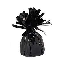 Black balloon weight, decorative, metallic plastic with tinsel-like fringes on the top
