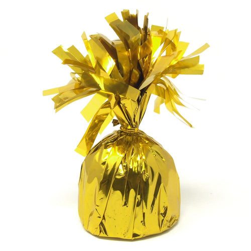gold balloon weight, decorative, metallic plastic with tinsel-like fringes on the top