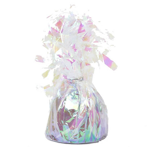Iridescent balloon weight, decorative, metallic plastic with tinsel-like fringes on the top