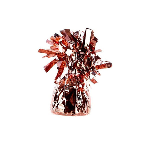 Rose gold balloon weight, decorative, metallic plastic with tinsel-like fringes on the top
