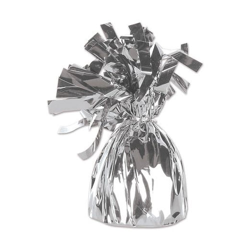 Silver balloon weight, decorative, metallic plastic with tinsel-like fringes on the top