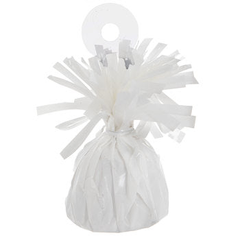 White balloon weight, decorative, metallic plastic with tinsel-like fringes on the top