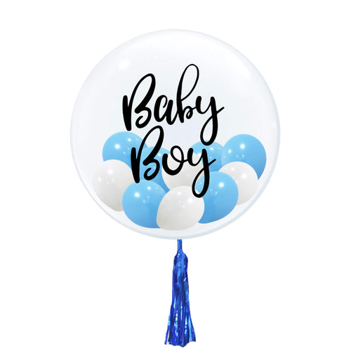 baby boy blue balloons in big balloons