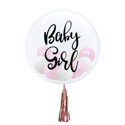 baby girl pink balloons in big balloons