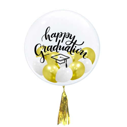 yellow happy graduation balloons in big balloons