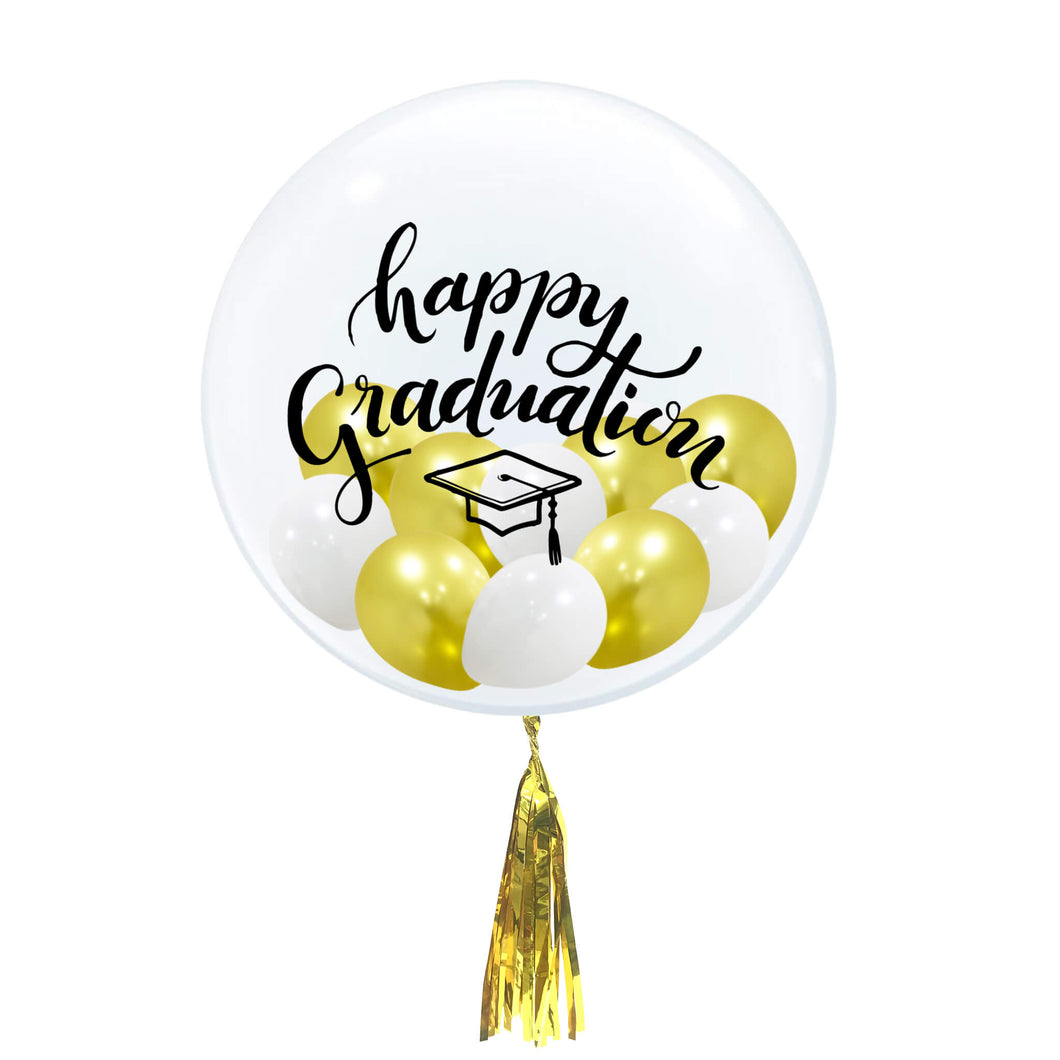 yellow happy graduation balloons in big balloons