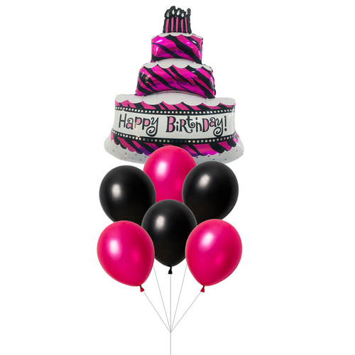 magenta cake bouquet on black and pink balloons
